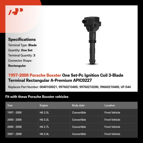 1997-2008 Porsche Boxster One Set-Pc Ignition Coil 3-Blade Terminal Rectangular A-Premium APIC0227