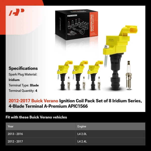2012-2017 Buick Verano Ignition Coil Pack Set of 8 Iridium Series, 4-Blade Terminal A-Premium APIC1566