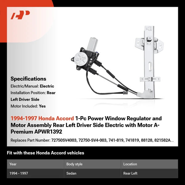 1994-1997 Honda Accord 1-Pc Power Window Regulator and Motor Assembly Rear Left Driver Side Electric with Motor A-Premium APWR1392