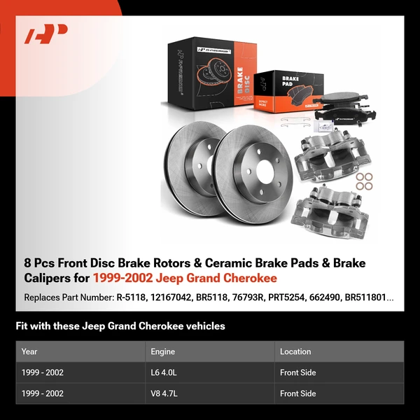 8 Pcs Front Disc Brake Rotors & Ceramic Brake Pads & Brake Calipers for 1999-2002 Jeep Grand Cherokee