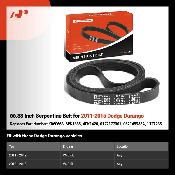 66.33 Inch Serpentine Belt for 2011-2015 Dodge Durango