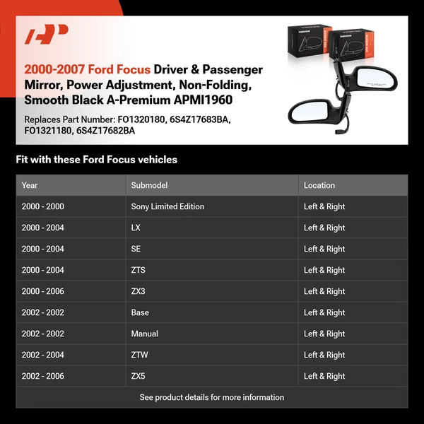 2000-2007 Ford Focus Driver & Passenger Mirror, Power Adjustment, Non-Folding, Smooth Black A-Premium APMI1960