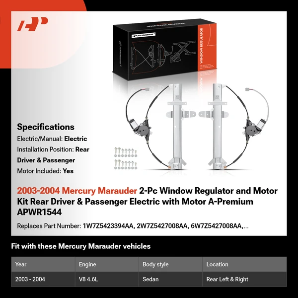 2003-2004 Mercury Marauder 2-Pc Window Regulator and Motor Kit Rear Driver & Passenger Electric with Motor A-Premium APWR1544