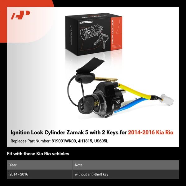Ignition Lock Cylinder Zamak 5 with 2 Keys for 2014-2016 Kia Rio
