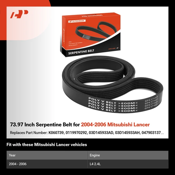 73.97 Inch Serpentine Belt for 2004-2006 Mitsubishi Lancer