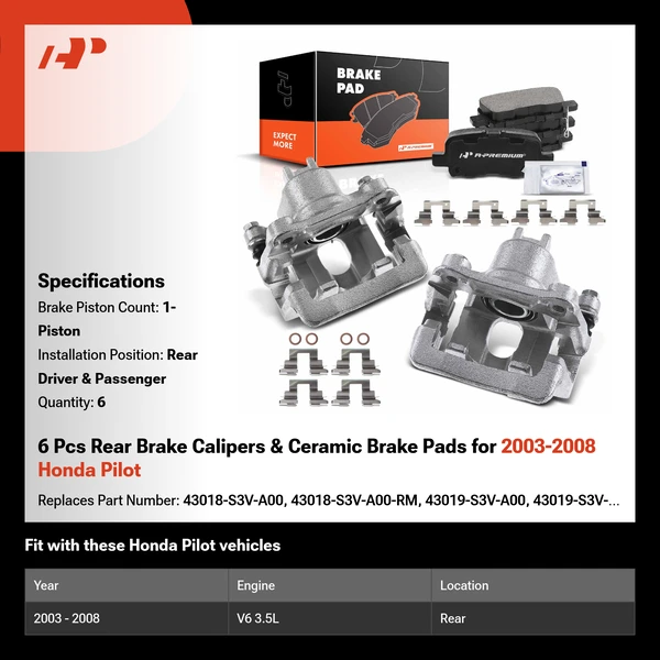 6 Pcs Rear Brake Calipers & Ceramic Brake Pads for 2003-2008 Honda Pilot