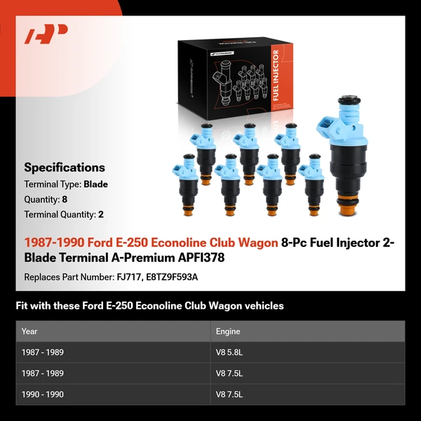 1987-1990 Ford E-250 Econoline Club Wagon 8-Pc Fuel Injector 2-Blade Terminal A-Premium APFI378