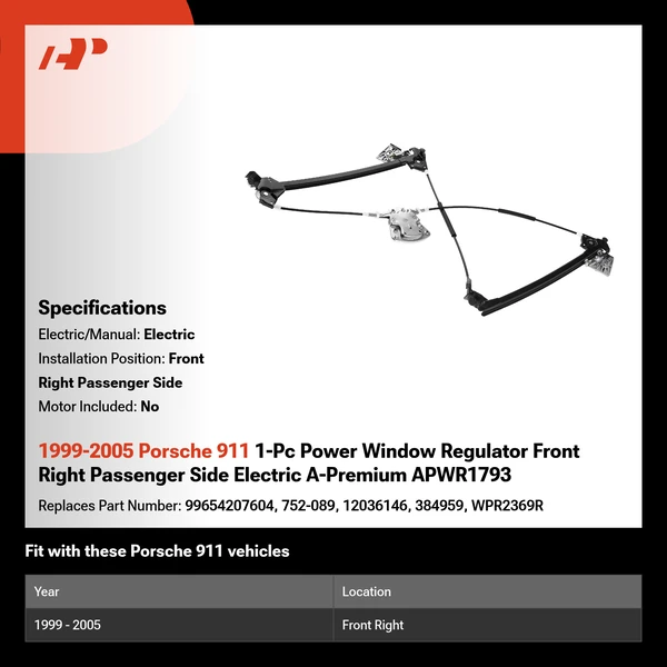 1999-2005 Porsche 911 1-Pc Power Window Regulator Front Right Passenger Side Electric A-Premium APWR1793