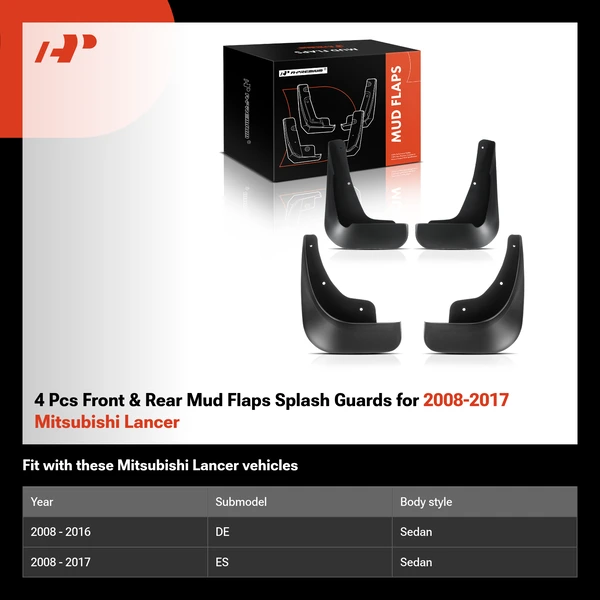 4 Pcs Front & Rear Mud Flaps Splash Guards for 2008-2017 Mitsubishi Lancer