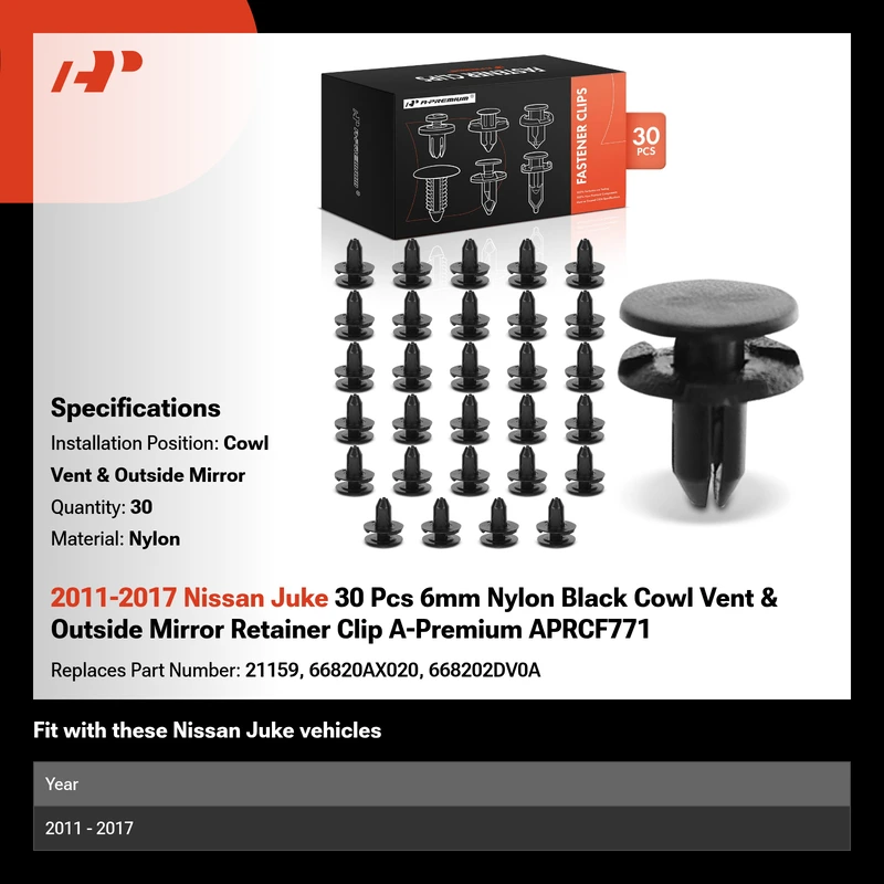 2011-2017 Nissan Juke 30 Pcs 6mm Nylon Black Cowl Vent & Outside Mirror Retainer Clip A-Premium APRCF771