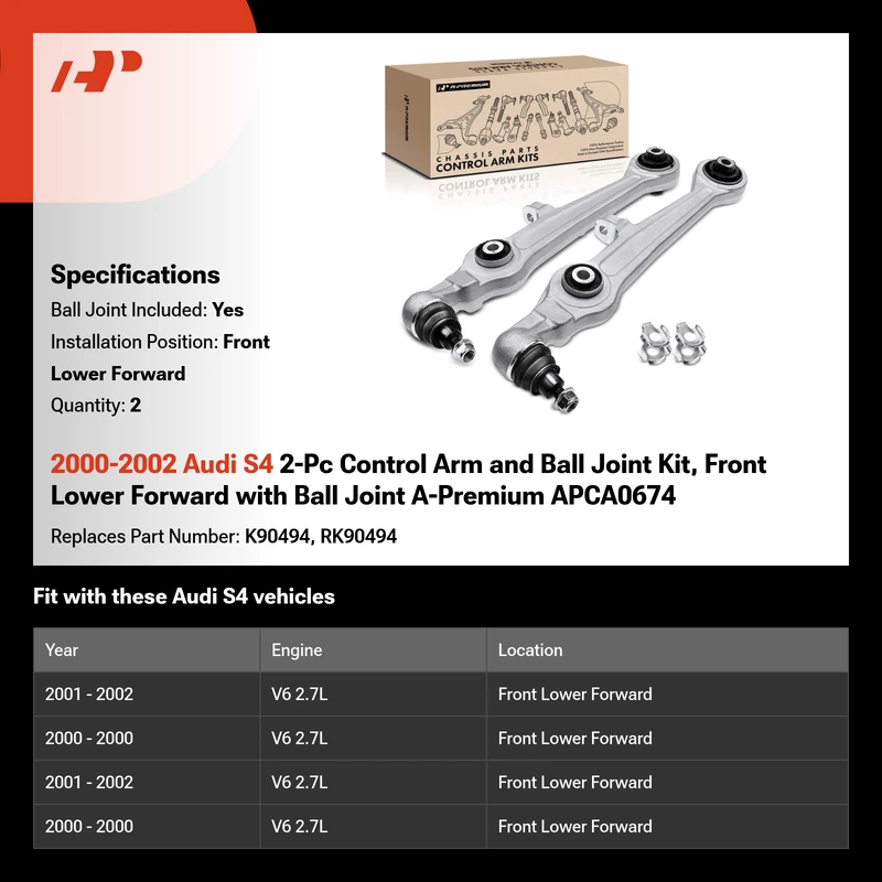 2000-2002 Audi S4 2-Pc Control Arm and Ball Joint Kit, Front Lower Forward with Ball Joint A-Premium APCA0674
