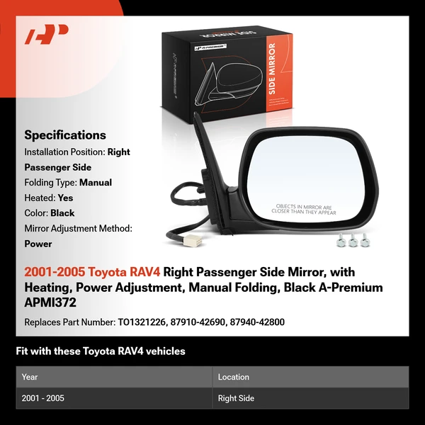 2001-2005 Toyota RAV4 Right Passenger Side Mirror, with Heating, Power Adjustment, Manual Folding, Black A-Premium APMI372
