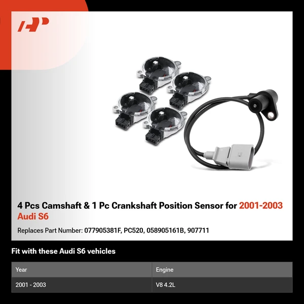 4 Pcs Camshaft & 1 Pc Crankshaft Position Sensor for 2001-2003 Audi S6