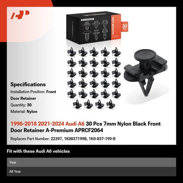 1996-2018 2021-2024 Audi A6 30 Pcs 7mm Nylon Black Front Door Retainer A-Premium APRCF2064