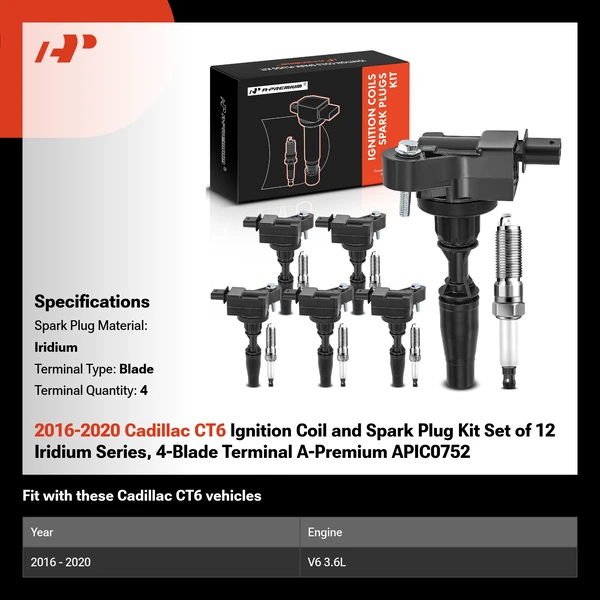 2016-2020 Cadillac CT6 Ignition Coil and Spark Plug Kit Set of 12 Iridium Series, 4-Blade Terminal A-Premium APIC0752