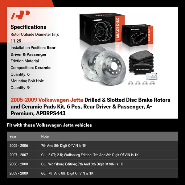 2005-2009 Volkswagen Jetta Drilled & Slotted Disc Brake Rotors and Ceramic Pads Kit, 6 Pcs, Rear Driver & Passenger, A-Premium, APBRPS443