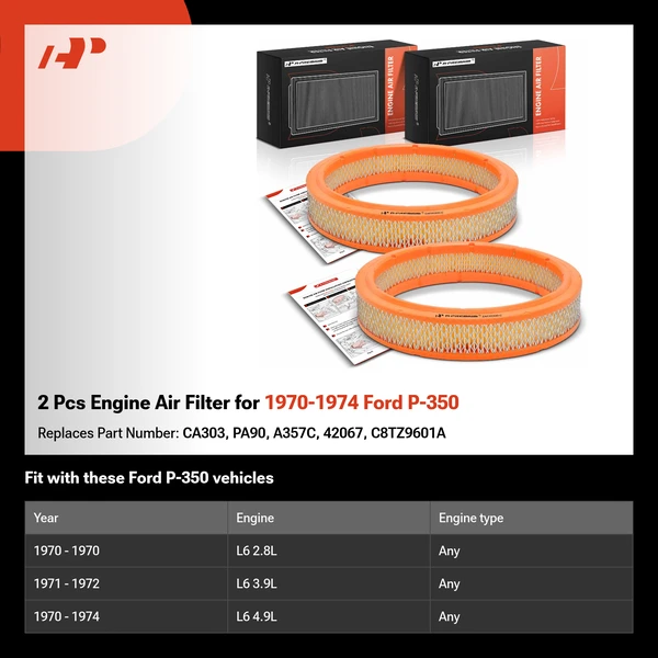 2 Pcs Engine Air Filter for 1970-1974 Ford P-350