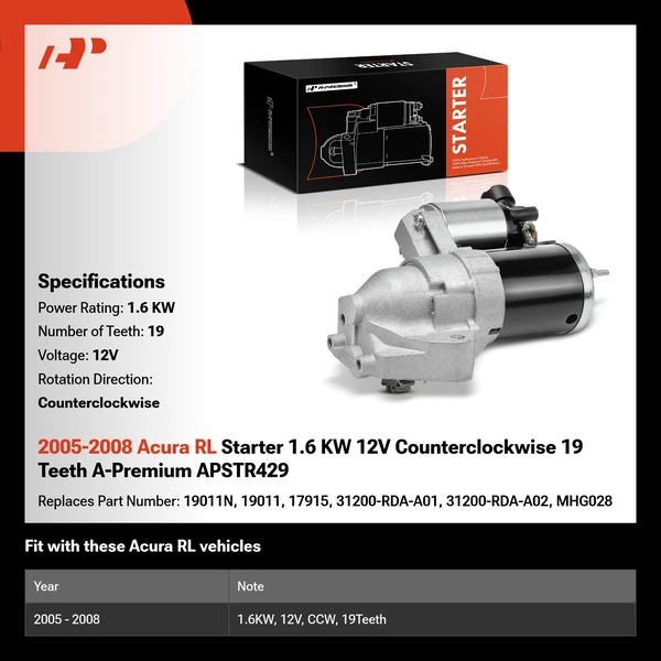 2005-2008 Acura RL Starter 1.6 KW 12V Counterclockwise 19 Teeth A-Premium APSTR429