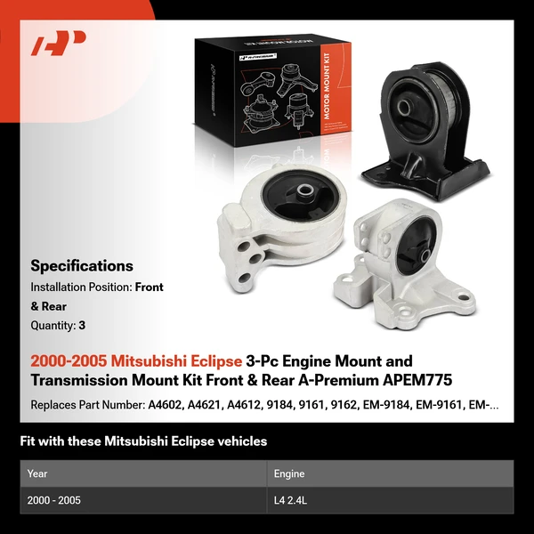 2000-2005 Mitsubishi Eclipse 3-Pc Engine Mount and Transmission Mount Kit Front & Rear A-Premium APEM775