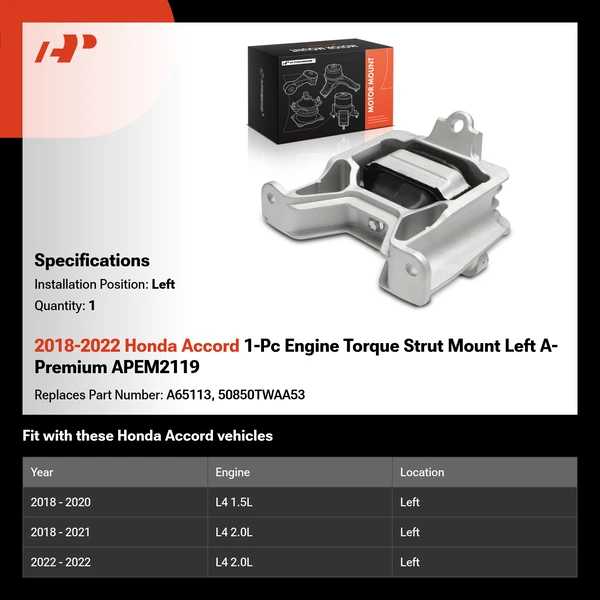 2018-2022 Honda Accord 1-Pc Engine Torque Strut Mount Left A-Premium APEM2119