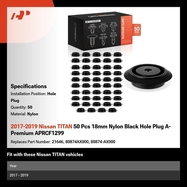 2017-2019 Nissan TITAN 50 Pcs 18mm Nylon Black Hole Plug A-Premium APRCF1299