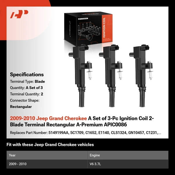 2009-2010 Jeep Grand Cherokee A Set of 3-Pc Ignition Coil 2-Blade Terminal Rectangular A-Premium APIC0086