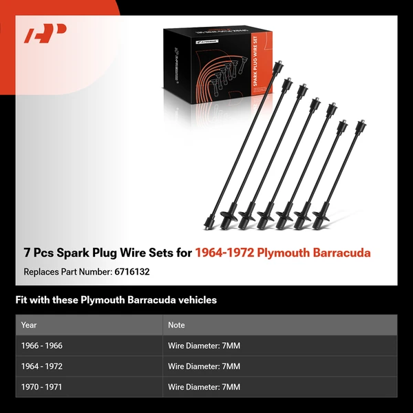 7 Pcs Spark Plug Wire Sets for 1964-1972 Plymouth Barracuda