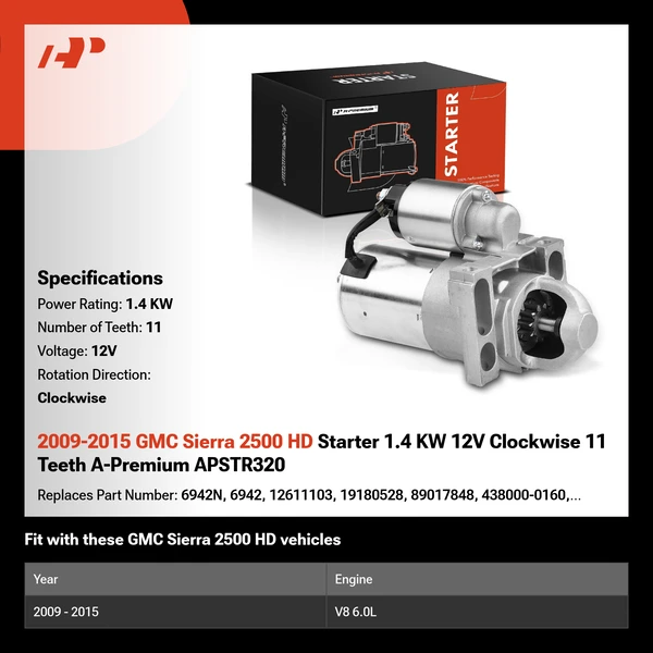 2009-2015 GMC Sierra 2500 HD Starter 1.4 KW 12V Clockwise 11 Teeth A-Premium APSTR320