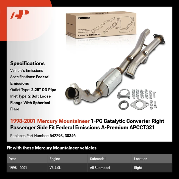 1998-2001 Mercury Mountaineer 1-PC Catalytic Converter Right Passenger Side Fit Federal Emissions A-Premium APCCT321