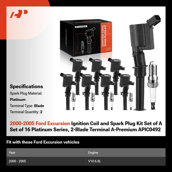 2000-2005 Ford Excursion Ignition Coil and Spark Plug Kit Set of A Set of 16 Platinum Series, 2-Blade Terminal A-Premium APIC0492