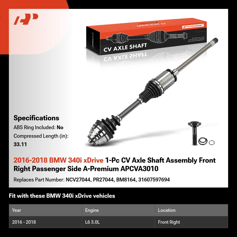 2016-2018 BMW 340i xDrive 1-Pc CV Axle Shaft Assembly Front Right Passenger Side A-Premium APCVA3010