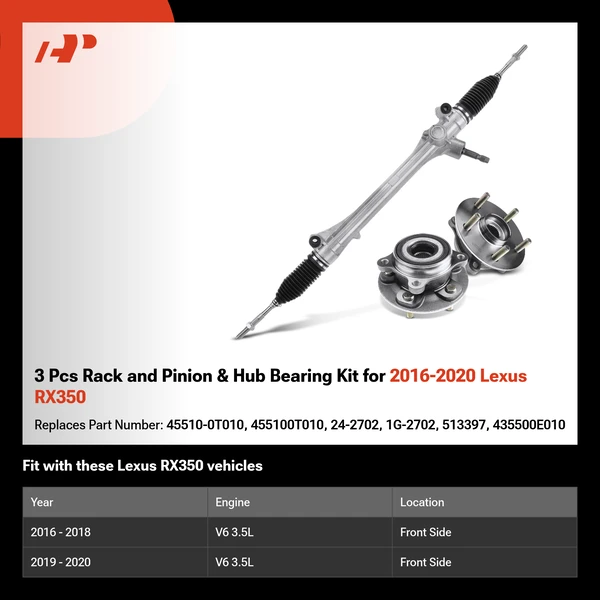 3 Pcs Rack and Pinion & Hub Bearing Kit for 2016-2020 Lexus RX350