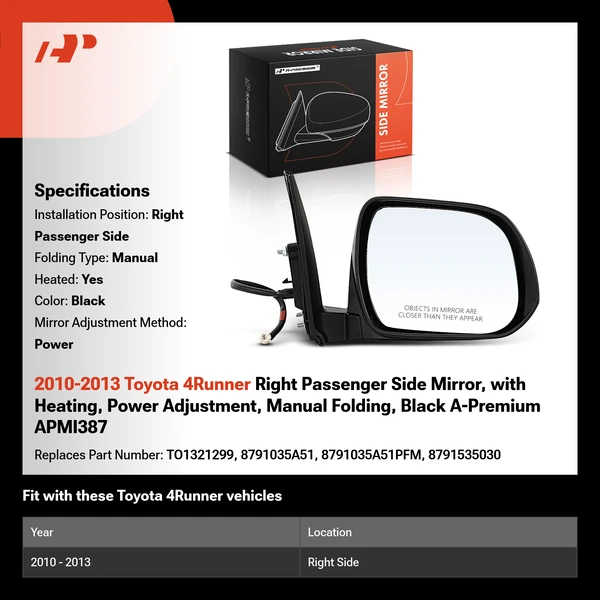 2010-2013 Toyota 4Runner Right Passenger Side Mirror, with Heating, Power Adjustment, Manual Folding, Black A-Premium APMI387