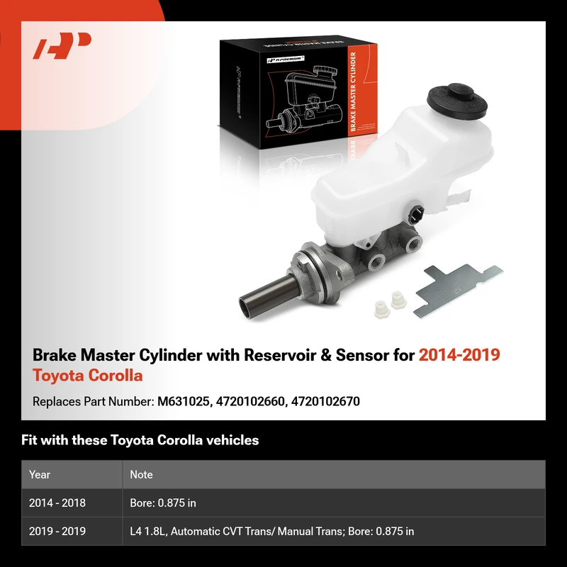 Brake Master Cylinder with Reservoir & Sensor for 2014-2019 Toyota Corolla