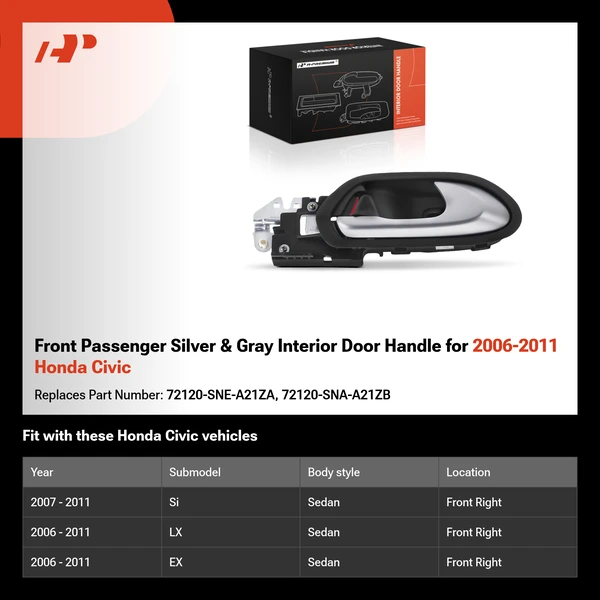 Front Passenger Silver & Gray Interior Door Handle for 2006-2011 Honda Civic