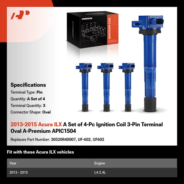 2013-2015 Acura ILX A Set of 4-Pc Ignition Coil 3-Pin Terminal Oval A-Premium APIC1504