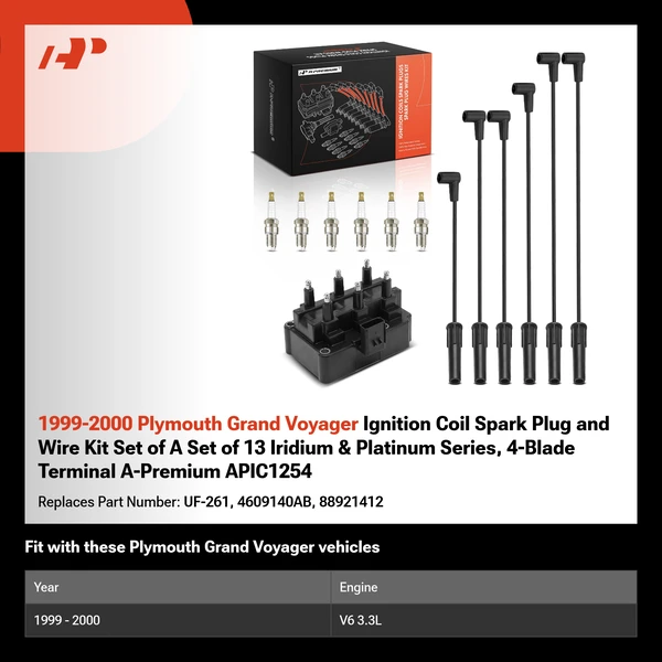 1999-2000 Plymouth Grand Voyager Ignition Coil Spark Plug and Wire Kit Set of A Set of 13 Iridium & Platinum Series, 4-Blade Terminal A-Premium APIC1254