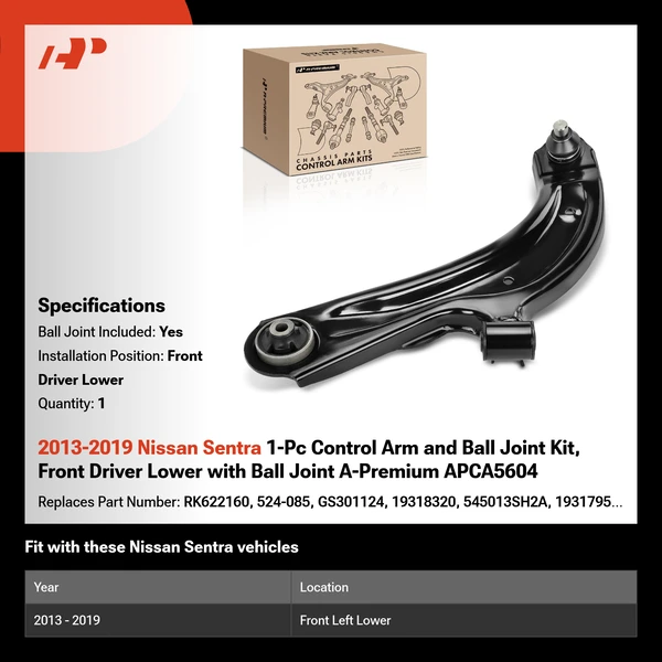 2013-2019 Nissan Sentra 1-Pc Control Arm and Ball Joint Kit, Front Driver Lower with Ball Joint A-Premium APCA5604