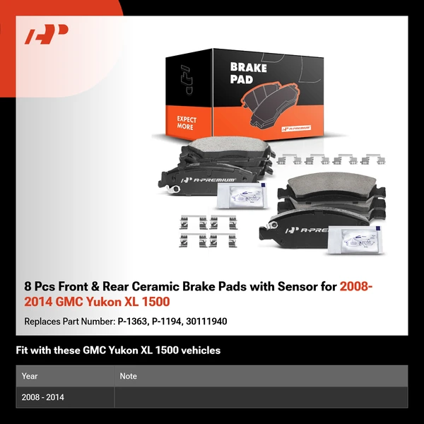 8 Pcs Front & Rear Ceramic Brake Pads with Sensor for 2008-2014 GMC Yukon XL 1500