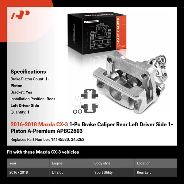 2016-2018 Mazda CX-3 1-Pc Brake Caliper Rear Left Driver Side 1-Piston A-Premium APBC2603