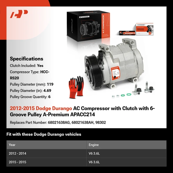 2012-2015 Dodge Durango AC Compressor with Clutch with 6-Groove Pulley A-Premium APACC214
