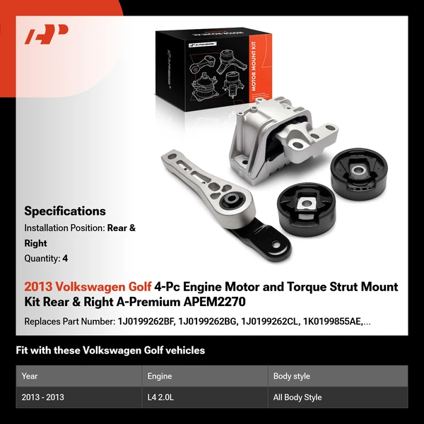 2013 Volkswagen Golf 4-Pc Engine Motor and Torque Strut Mount Kit Rear & Right A-Premium APEM2270