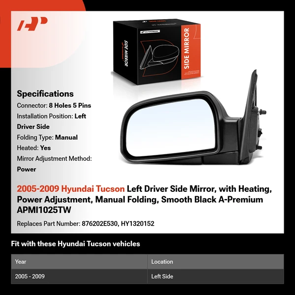 2005-2009 Hyundai Tucson Left Driver Side Mirror, with Heating, Power Adjustment, Manual Folding, Smooth Black A-Premium APMI1025TW