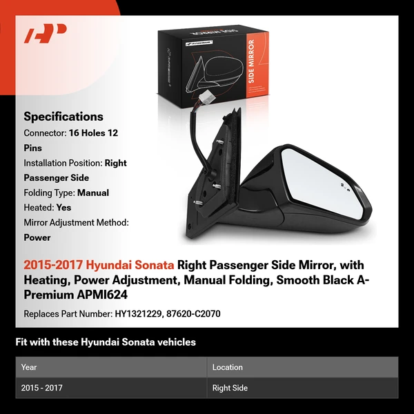 2015-2017 Hyundai Sonata Right Passenger Side Mirror, with Heating, Power Adjustment, Manual Folding, Smooth Black A-Premium APMI624