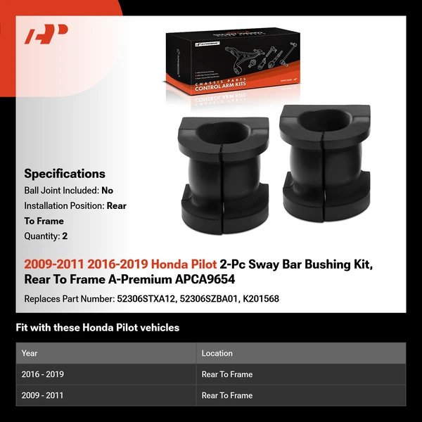 2009-2011 2016-2019 Honda Pilot 2-Pc Sway Bar Bushing Kit, Rear To Frame A-Premium APCA9654