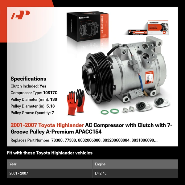 2001-2007 Toyota Highlander AC Compressor with Clutch with 7-Groove Pulley A-Premium APACC154