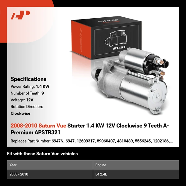 2008-2010 Saturn Vue Starter 1.4 KW 12V Clockwise 9 Teeth A-Premium APSTR321
