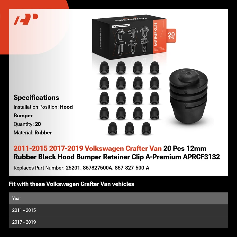 2011-2015 2017-2019 Volkswagen Crafter Van 20 Pcs 12mm Rubber Black Hood Bumper Retainer Clip A-Premium APRCF3132