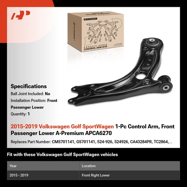 2015-2019 Volkswagen Golf SportWagen 1-Pc Control Arm, Front Passenger Lower A-Premium APCA6270