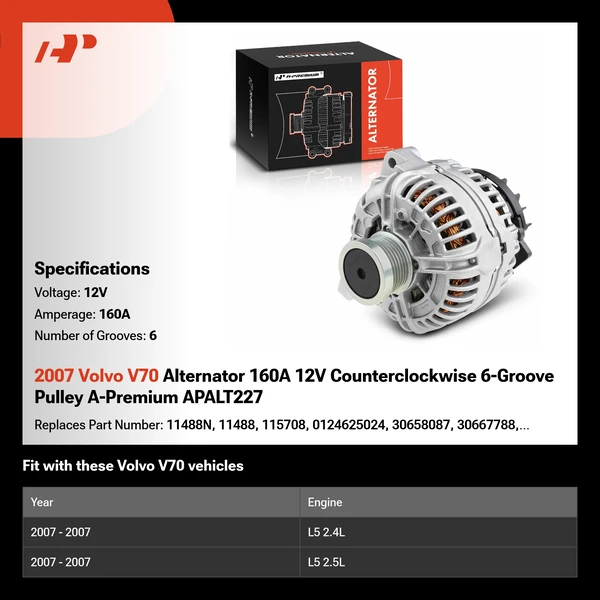 2007 Volvo V70 Alternator 160A 12V Counterclockwise 6-Groove Pulley A-Premium APALT227